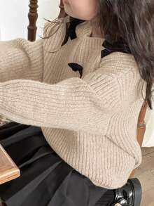 Dazy Kids 女童蝴蝶结装饰落肩长袖休闲宽松针织衫，秋冬款 - 卡其色 - 查看 2