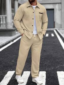 Manfinity Homme 男士口袋衬衫和松紧腰带裤 - 卡其色 - 查看 4