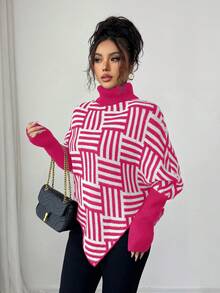 Elenzga Women's Elegant High Neck Geometric Textured Poncho Sweater, Colorblock, Suitable For Home & Travel, Spring/Autumn - Pink - View 4