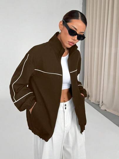 SHEIN Unity Zip-Up White Sports Jacket With Stripe Trim Decor