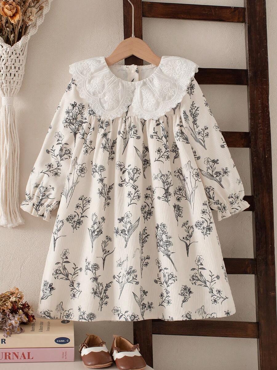 SHEIN Elladie kids 女童碎花宽松长袖连衣裙，弹力袖口，花朵领口，前开襟设计，清新时尚，适合上学、通勤等各种场合，秋季百搭 - 米色 - 查看 1