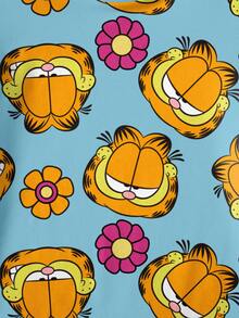 GARFIELD | SHEIN Váy ngắn cổ tròn in họa tiết mèo và hoa thường ngày cho bé gái, mùa hè - trắng - Xem 4