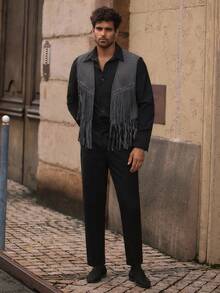 Manfinity VCAY Men's Suede Rivet Decor Fringe Jacket Boho Men's Vest Men's Fringe Fringe Vest Western Wear For Men - Army Green - View 4