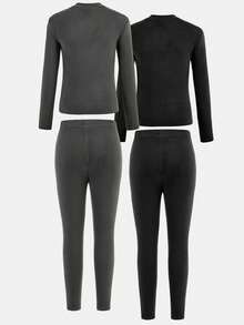 SHEIN 两件套男童休闲纯色圆领长袖上衣和裤子内搭套装，波西米亚哥特风 Y2K 街头风锐舞度假假日派对节日秋冬复古休闲舒适装