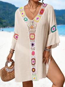 Swim Lushoire Plus Size Women V-Neck Handmade Crochet Hollow Out Sexy Slim Fit Side Slit Lightweight Beach Dress For Summer Beach Vacation - Apricot - View 1
