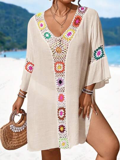 Swim Lushoire Plus Size Women V-Neck Handmade Crochet Hollow Out Sexy Slim Fit Side Slit Lightweight Beach Dress For Summer Beach Vacation