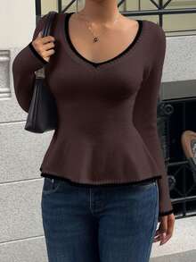 Sunnyshic 性感修身时尚女式V领长袖毛衣 - 彩色 - 查看 4