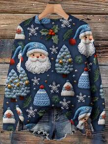 EMERY ROSE 女士休闲针织套头衫，适合圣诞节、秋冬季、圣诞老人和圣诞树印花 - 彩色 - 查看 1