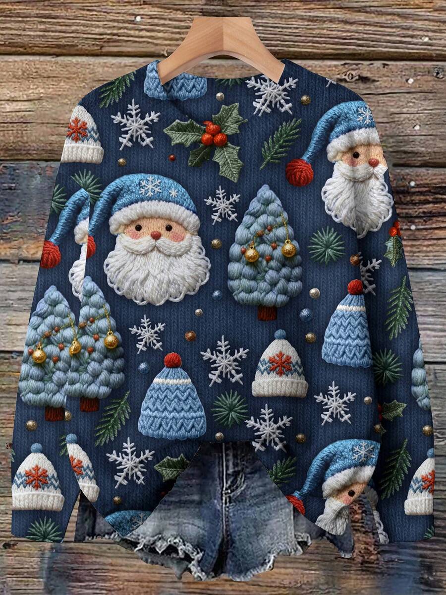 EMERY ROSE 女士休闲针织套头衫，适合圣诞节、秋冬季、圣诞老人和圣诞树印花 - 彩色 - 查看 1