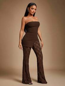 Radiana Women's Sexy & Elegant Black Lace 2-Piece Set, Includes Thick Ribbed Bandeau Top And Lace Flare Pants, High Elasticity Fabric Contouring Body, Suitable For Dates, Gatherings, Parties, Clubs, Nightlife,Spring To Summer, - Brown - View 7