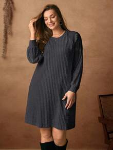 EMERY ROSE Plus Size Solid Color Round Neck Long Sleeve Loose Casual Ribbed Dress - Dark Grey - View 6