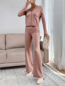 EURMUSE 两件套女士休闲纯色纽扣前开襟针织上衣和裤子套装 - 藕粉色 - 查看 4