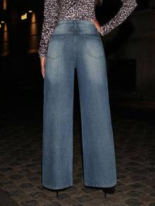 SHEIN Frenchy Quần jeans ống rộng cạp bất đối xứng đính đá thời trang đi làm cho nữ - Màu xanh lam - Xem 2