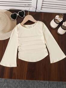 SHEIN Young Girl Fashionable Fitted Casual Round Neck Ruffle Flare Sleeve Long Sleeve T-Shirt, Suitable For Autumn/Winter Everyday, Home, Party, Matching Sister