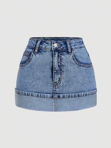 Sweetra 女式休闲水洗牛仔蝴蝶刺绣裙 - 藍色 - 查看 2