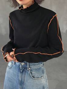 FRIFUL Women's Turtleneck Contrast Color T-Shirt With Contrast Ruffle Hem, Multi-Layer Ruffled Flared Sleeves, Fitted Long Sleeve Top - Black - View 3