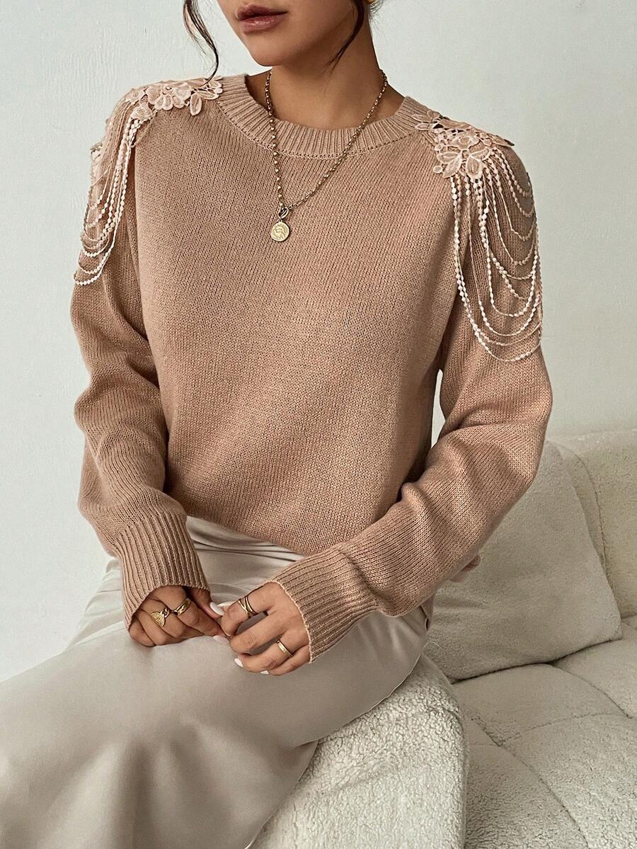 SHEIN Clasi Áo len nữ có trang trí ren, cổ tròn, tiệc tùng, lễ hội âm nhạc, đồ mặc nhà, sự kiện trở lại trường, quà tặng và mua sắm. phong cách cung điện, áo nữ gợi cảm, váy nữ mùa đông, váy nữ thanh lịch, sang trọng, áo len mùa thu - Màu Khaki - Xem 1