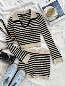 SHEIN 2pcs/Set Teen Girls Vacation Striped Sweater Top And Shorts Set, Collared Long Sleeve Pullover And Knitted Shorts Striped Two Piece Set Two Piece Knit Set Preppy Two Piece Set Striped Sweater Set Knit Two Piece Set,In Fall/Winter