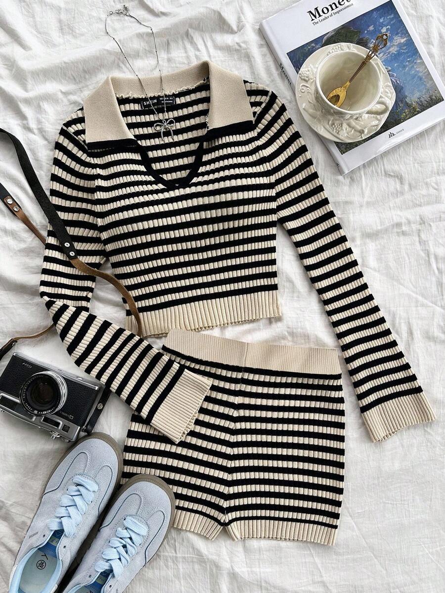 SHEIN 2pcs/Set Teen Girls Vacation Striped Sweater Top And Shorts Set, Collared Long Sleeve Pullover And Knitted Shorts Striped Two Piece Set Two Piece Knit Set Preppy Two Piece Set Striped Sweater Set Knit Two Piece Set,In Fall/Winter
