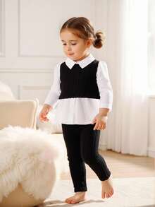 SHEIN Playful Pals Baby Girls' Fashion Ribbed Patchwork Long Sleeve Collared Shirt And Ribbed Pink Pants Set - Black - View 1