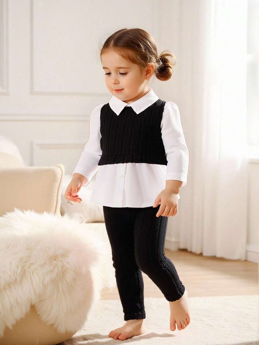 SHEIN Playful Pals Baby Girls' Fashion Ribbed Patchwork Long Sleeve Collared Shirt And Ribbed Pink Pants Set - Black - View 1
