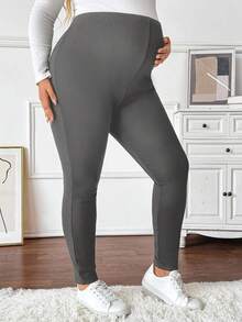 Plussiva 大码孕妇纯色修身保暖裤，秋冬季 - 深灰色 - 查看 3