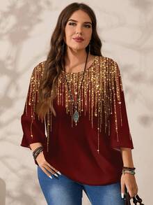 EMERY ROSE Chemise ample à col rond, imprimée sur tout le corps, manches 3/4, pour femmes grandes tailles, automne/hiver - Rouge foncé - Voir 5