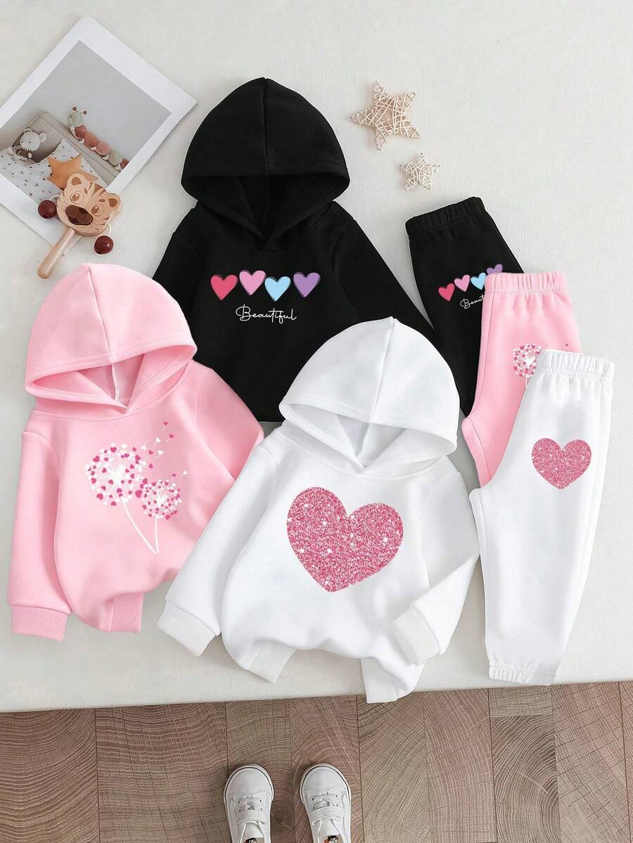 3 件套秋季女婴套装,休闲时尚创意清爽可爱闪光心形蒲公英字母图形印花连帽衫和运动裤套装,6 件套粉色、白色、黑色,秋冬 - 彩色 - 查看 1