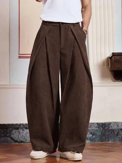 SWAVVY 男式纯色褶皱腰带环灯芯绒口袋宽松长裤