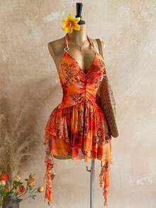 Soleia Romantic Vacation Halter Knit Mesh Blue Printed Dress For Women  Carnival, - Multicolor - View 5