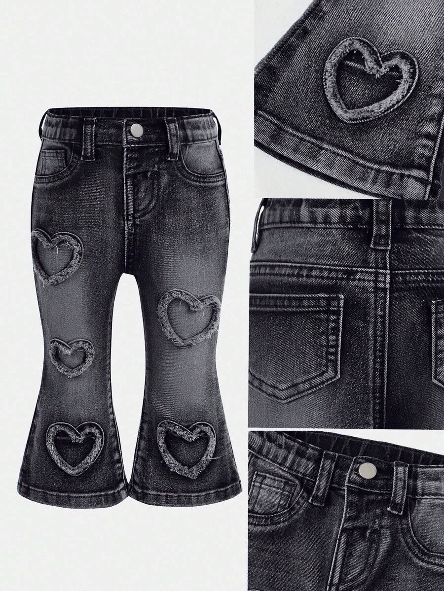 SHEIN Baby Girls' Frayed Heart Denim Jeggings, Blue - Black - View 1