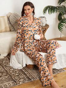 Serenescape 撞色滚边银杏叶印花女士睡衣套装 - 彩色 - 查看 1