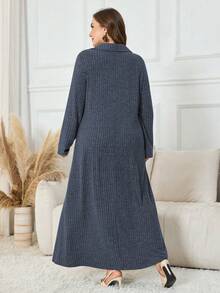 Lacomfia Elegant Casual Plus Size Women  Style Collared Button Design Long Sleeve Dress - Blue - View 2