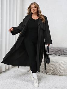 SHEIN CURVE+ 1pc Women's Solid Color Woven Longline Belted Front Button Trench Coat/Winter - Black - View 7
