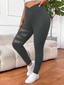 SHEIN PETITE CURVE 大码女式纯色基础日常打底裤 - 灰色 - 查看 6