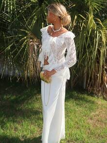 Sydney Algeri Women Summer Vacation Casual Open Front Ruffle Trim Off Shoulder Long Sleeve Sheer White Lace Blouse - White - View 3