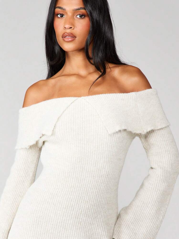 MISSGUIDED Off Shoulder Ribbed Knit Sweater Dress Long Sleeve Mini Bodycon Winter Fall Comfortable Casual