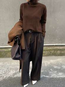 DAZY 1pc Women's Business Casual Pullover Turtleneck Sweater,Fall Women Clothes - Mocha Brown - View 4