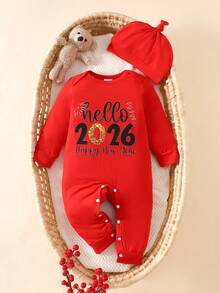 SHEIN 嬰兒 0-3歲「Hello 2026 Happy New Year」字母印花長袖連身衣與配套帽子，適合四季、戶外、休閒穿著 - 紅色 - 查看 10
