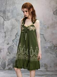 ROMWE Avant Vestido Midi Casual Feminino Sem Mangas com Decoração de Aplique e Design de Amarração - Verde - Visão 4