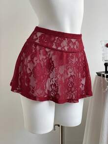 Comfortcana Váy ren xuyên thấu thời trang cạp chun cho nữ cỡ lớn, váy che ngoài đồ bơi, váy quần màu đỏ tía, váy ren cho nữ dịp Giáng sinh, Năm mới, Lễ Tạ ơn, Tiệc tùng, Đám cưới. - Màu Đỏ Sâu - Xem 3