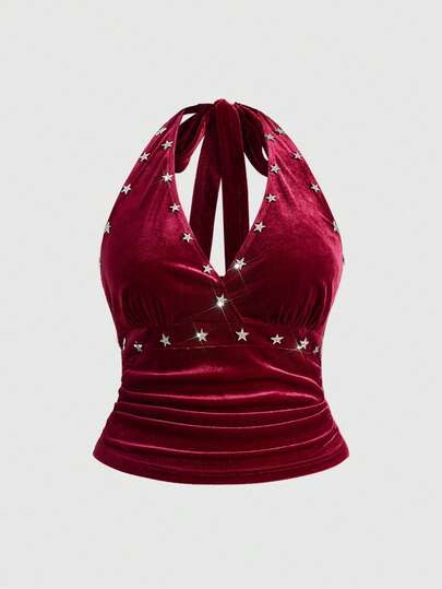 Grunge Punk Plus Size Vintage Velvet Burgundy Punk Star Vest, Autumn/Winter/Christmas