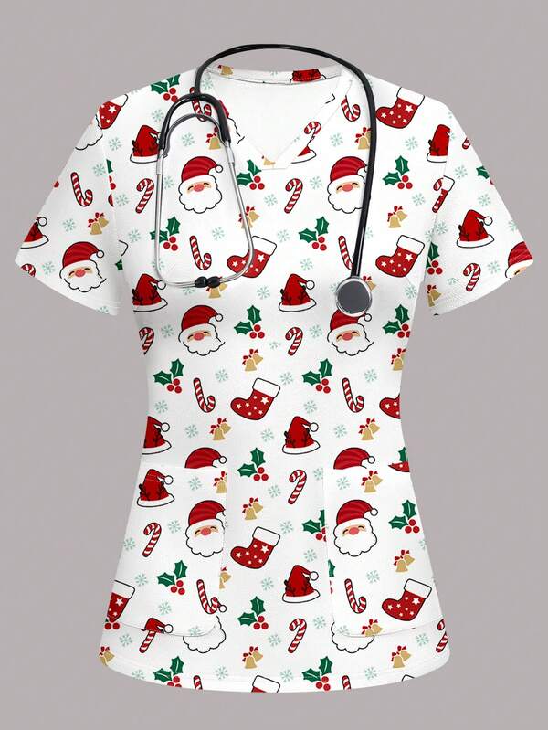 PopScrub Camice da lavoro a maniche corte con stampa natalizia per donna