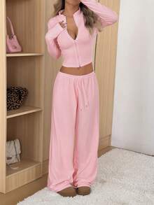 SHEIN EZwear 女士纯色修身夹克和裤子休闲套装 - 珊瑚粉 - 查看 5