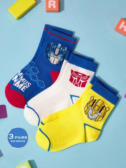 Transformers X SHEIN 3 Pairs Autobots Boys Cotton Soft & Breathable Moisture-Wicking Kids Mid-Calf Socks Blue&Yellow&White Cute Hero Cartoon Crew Socks Reinforced Toe & Heel For Durability All Seasons All-Match School & Outdoor Summer Winter