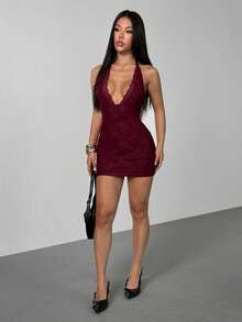 SHEIN PETITE 女士蕾丝吊带迷你连衣裙，适合秋冬季和春夏季穿着 - 酒紅色 - 查看 4