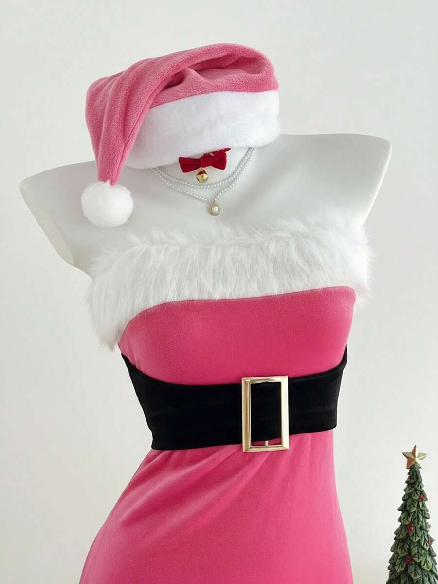 Elamini 1pc Contrast Color Strapless Mini Dress With Metallic Buckle Decor,Fitted Waist,Cute Pink And White Autumn Birthday Party,Christmas New Year Cosplay - Pink - View 1