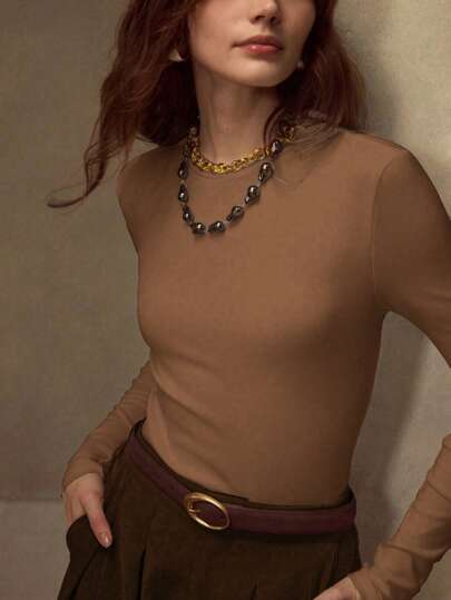 MOTF PREMIUM Top DE CAMADA BASE FEMININA VERSÁTIL DE MANGA LONGA, AJUSTE SLIM, GOLA REDONDA, COR SÓLIDA, ELÁSTICA E AMIGÁVEL À PELE