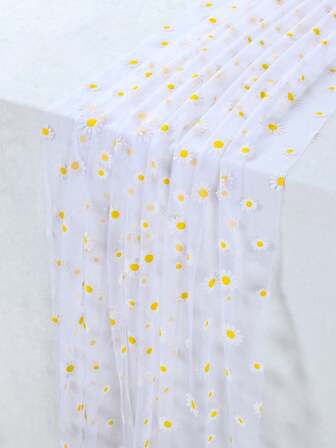 1件雏菊长方形桌旗，75厘米*180厘米网纱桌旗，适用于乡村婚礼招待会、婚宴、生日装饰、家居装饰、花卉主题派对装饰、迎婴派对、餐桌装饰