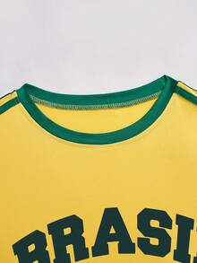 INAWLY Plus Size Color Block Round Neck T-Shirt With Flag And Letter Print, Short Sleeve, Summer Graphic Tees Women Tops,Brazil-Inspired Graphic Tee - Yellow - View 4